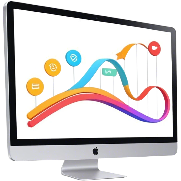 Animation and motion design. A computer screen with an animation timeline, moving frames. Display a cartoon or animated scene on the screen. Include motion design elements like flowing lines, curves, or rotating objects. Modern, creative colors. No emojis or smiley faces. Transparent background. emoji