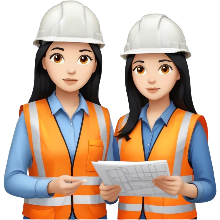 Female civil engineer with long black hair wearing white helmet and an orange safety vest staring at big drawing plan on her hands  emoji