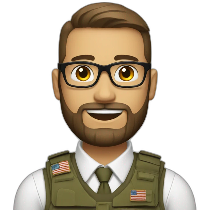soldier with a beard, a part in hair, wearing glasses, a white collared shirt, a bow tie, bulletproof vest with an american flag emoji