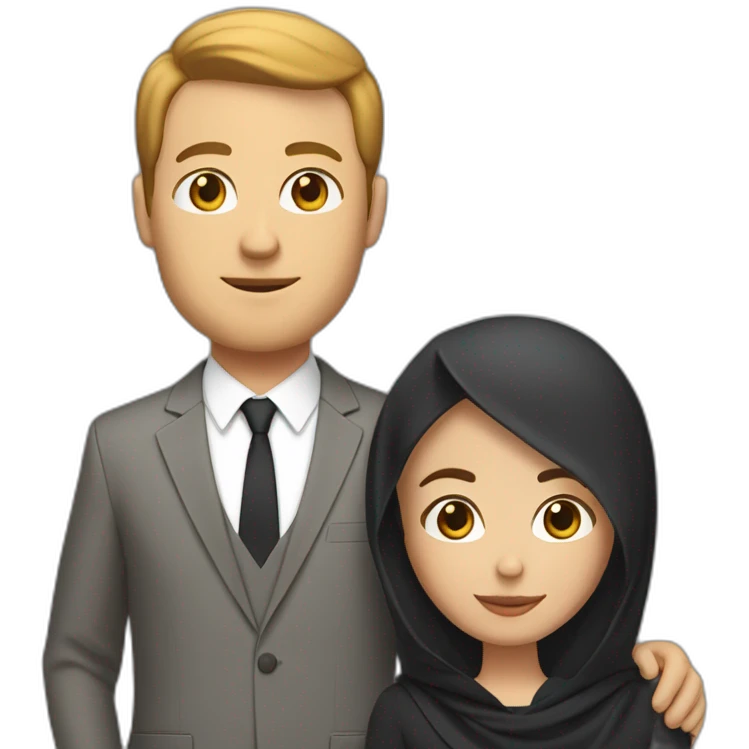 White guy in suit with short brown hair in interracial couple with brown skinned hijabi woman emoji