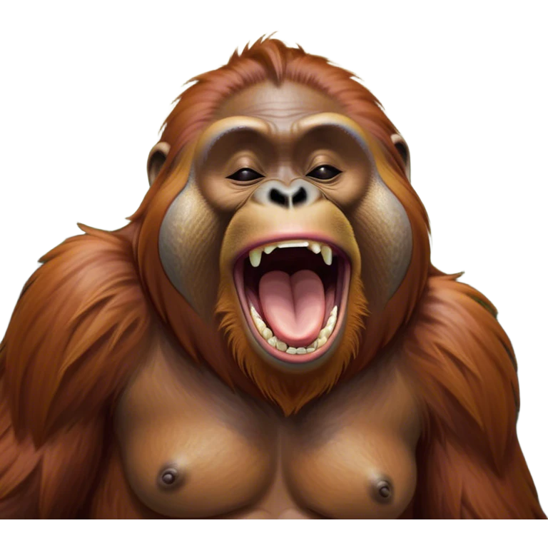 Cinematic Cute Yawning Orangutan Portrait Emoji, Head tilted slightly with a dramatic, wide-open yawn, showcasing a richly textured face with half-closed, sleepy eyes and a relaxed, open expression, Simplified yet irresistibly adorable features, highly detailed, glowing with a soft, cozy jungle glow, high shine, relaxed yet expressive, stylized with a dash of whimsical charm, soft glowing outline, capturing the essence of a drowsy yet affectionate guardian that appears ready to stretch out for a nap! emoji