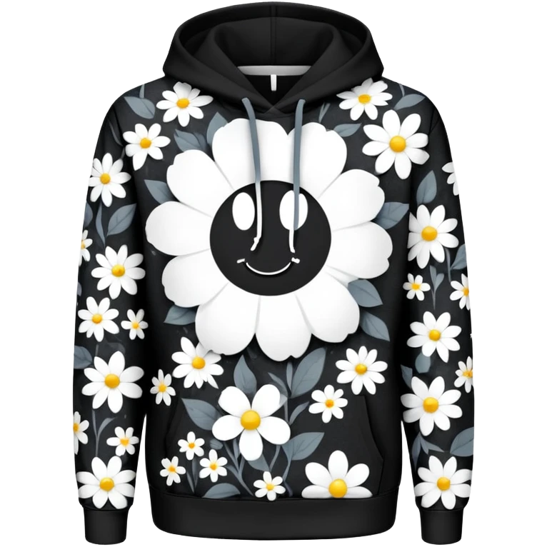 The BLACK Denim Tears Hoodie features a black base with distinctive black and white flowers. Each flower has a white outer ring with an empty space in the middle, creating a hollow, open design. These patterns are scattered across the hoodie for a bold and unique look. emoji