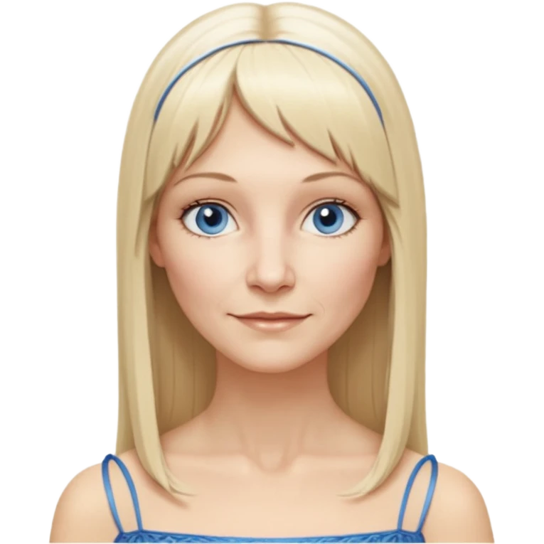 50 yr old white woman, hippie parted very long hair, short bangs, very long straight blond hair, oval face, small smile, blue eyes, thin face, hair downback, hair parted at center of head, round cheeks, pale, longer hair, white evening dress emoji