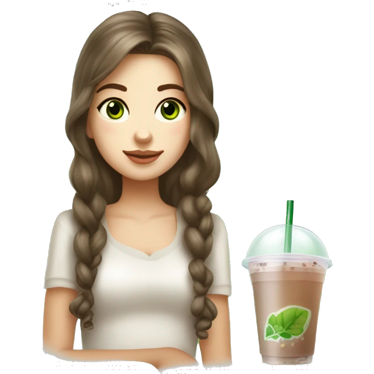 Slavic beautiful girl with brown hair and green eyes holding in hand bubble tea emoji