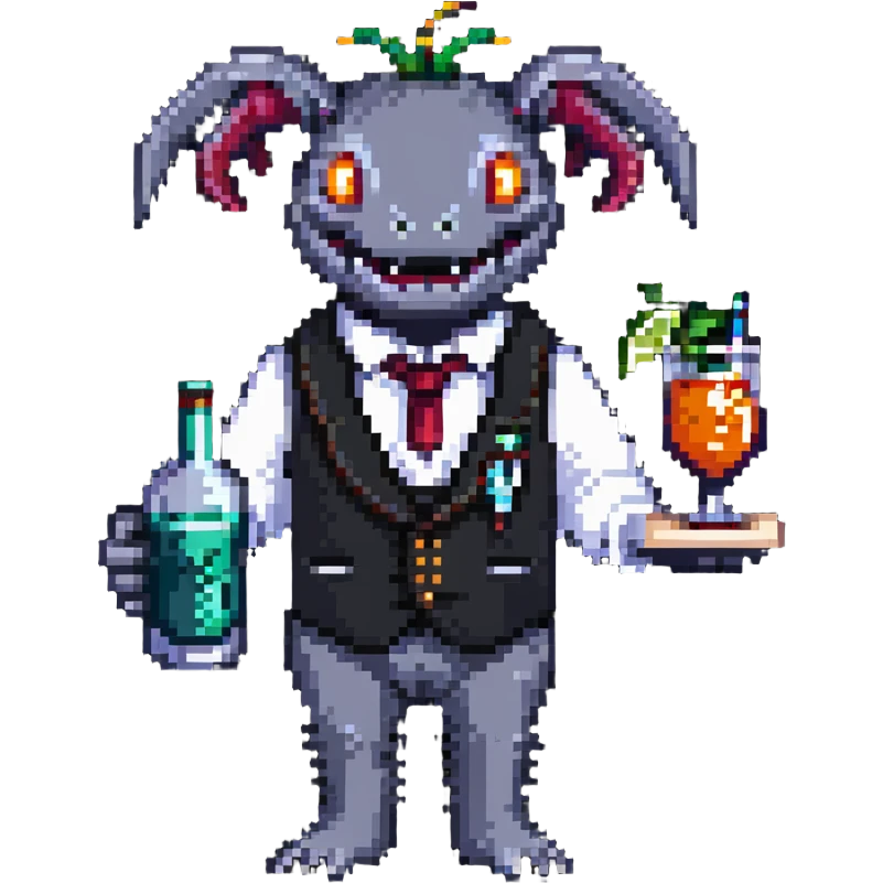 Tipsy bartender mimic creature serving drinks emoji