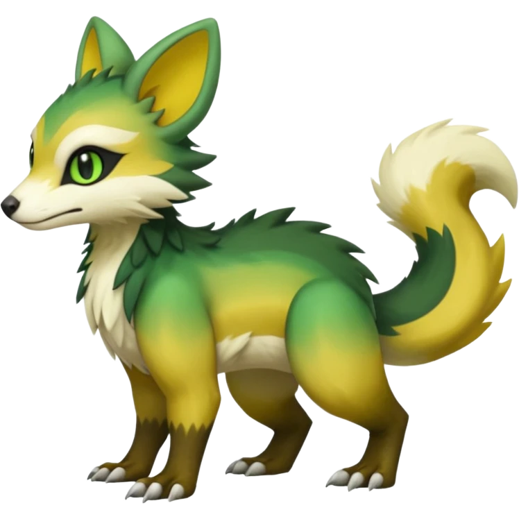 Cute cool handsome pesky vile feral realistic fantasy Green-yellow-brown-black-white-gradients Trico-Sergal-Furret-Vernid-fusion-Fakemon-animal-hybrid-creature, full body emoji