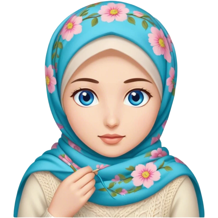 Turkish beautiful finish Konya girl blue eyes with spring floral hijab does knitting  emoji
