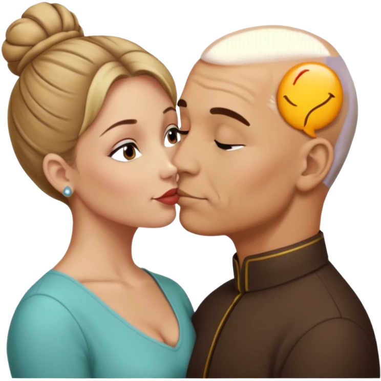 Mid aged Hispanic bald man kissing mid aged dark blonde white woman. She’s wearing a bun. emoji