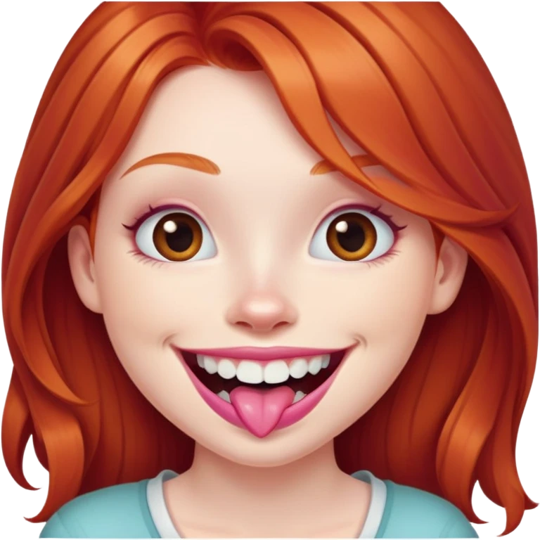 Young girl with pale skin, full pink lips smiling with big teeth, ginger red hair (very long), bigger nose, deep brown eyes (less green), big mouth emoji