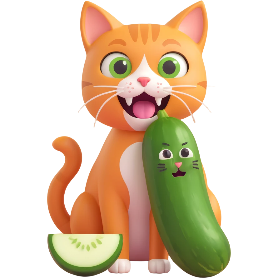 a scared cat next to a cucumber emoji
