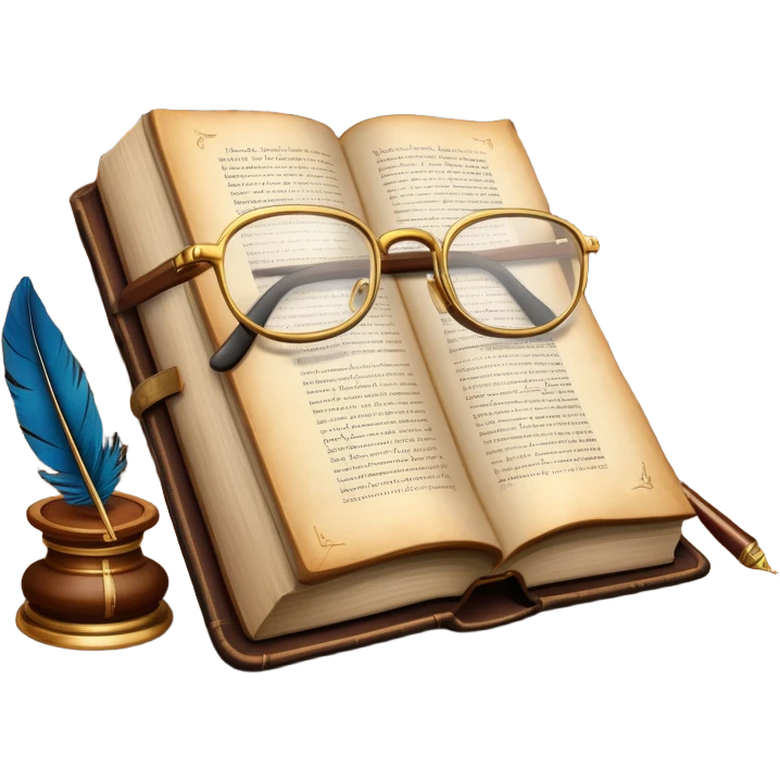 An icon featuring an open book with classic text, a feather quill, and reading glasses, symbolizing literary studies. The design includes old library shelves and vintage manuscripts in the background. Transparent background emphasizes the deep analysis of written works and literary history. emoji