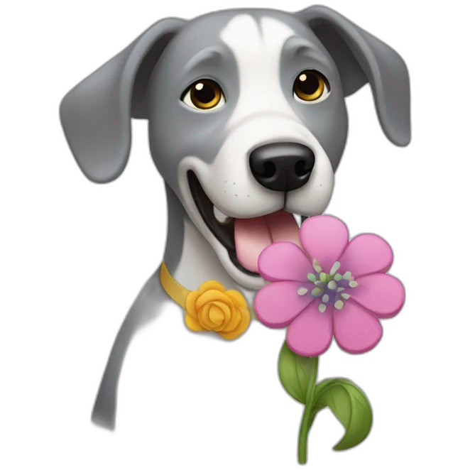 A Grey dog eating a flower and dance  emoji