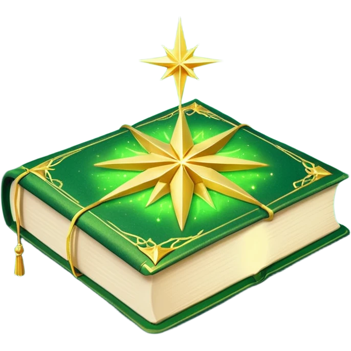 A **green, opened glowing book** with **golden edges**, floating with **sparkles and magical wisps** around it. The cover features a **golden starburst sigil**, symbolizing charm and radiance. ✨📖 emoji