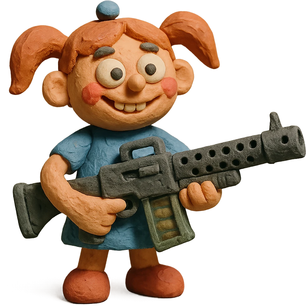 funny, positive stalker girl named Businka with a huge machine gun emoji