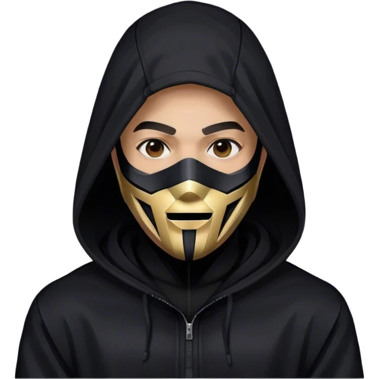 man with black hooded jacket and a full-black full-face geometric mask emoji
