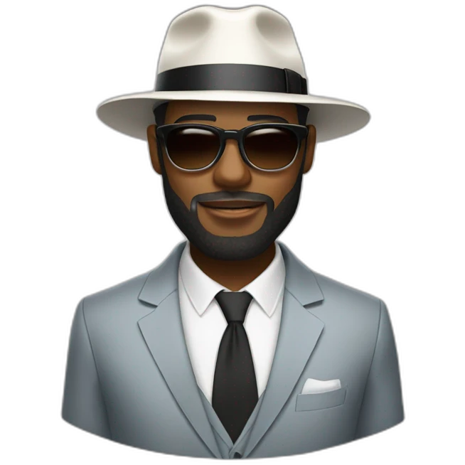 Bearded black man wearing a white wide brim fedora and suit with cool glasses emoji