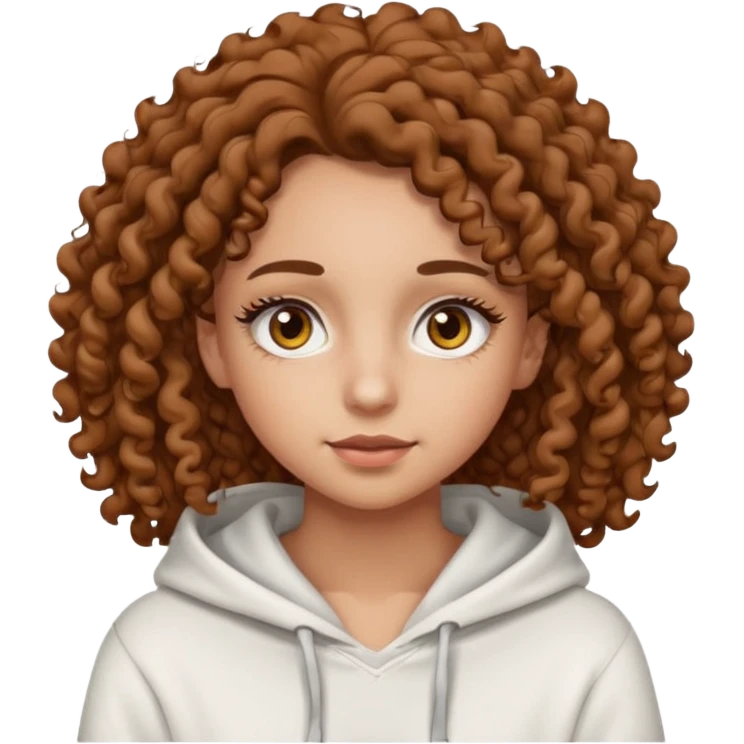 Una ragazza con una felpa semplice bianca,ha gli occhi marroni,i capelli marroni  , c’è gli ha lunghi e ricci molto ricci  ma non troppo e ha le ciglia stile emoji apple emoji