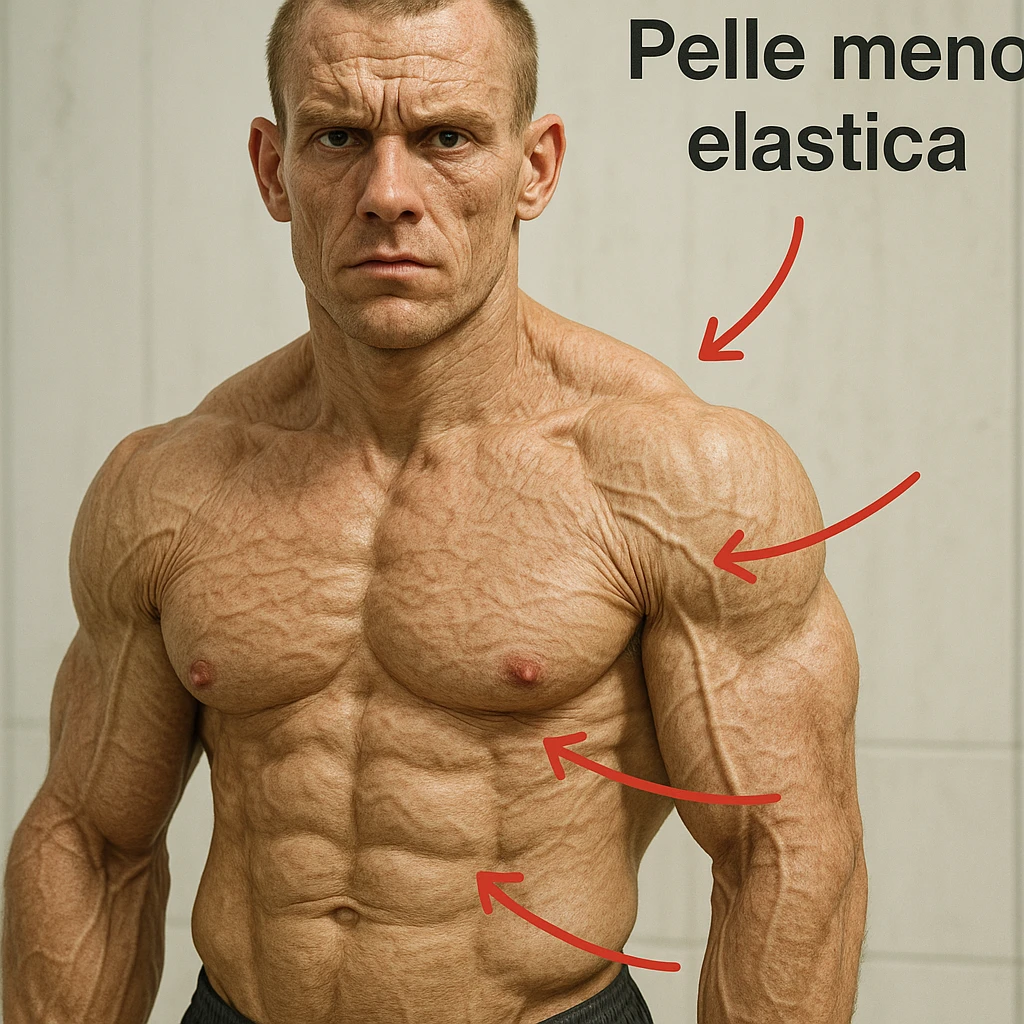 hyper realistic 25 year old bodybuilder with low collagen, aged appearance, evident muscles, skin with grooves and sagging, red arrows and text 'Pelle meno elastica', clinical atmosphere, light background emoji