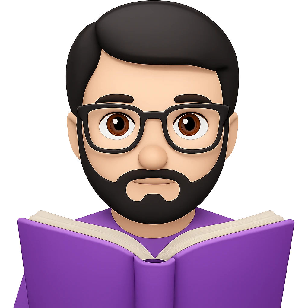 Add glasses to a young white man with black beard, straight hair, and brown eyes reading a lilac book. Maintain the emoji style look with a transparent background. emoji