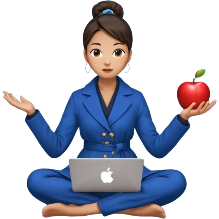 emoji of an asian woman with a single bun in a long blue coat sitting cross legged with dna levitating above one hand and an apple laptop above the other hand emoji