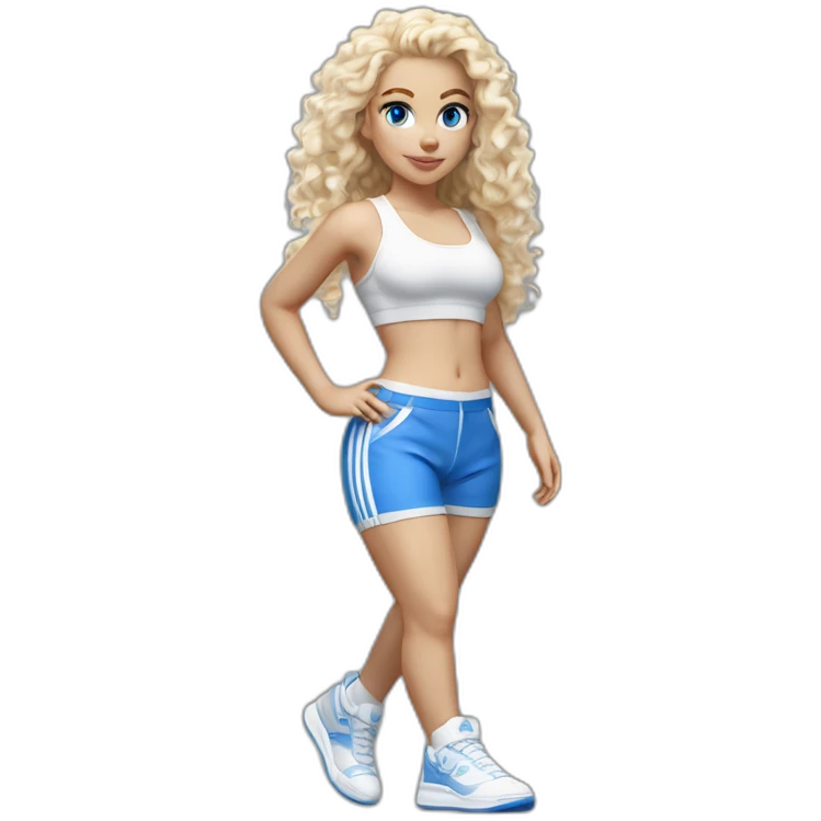 hyperrealist white long curly blonde hair blue eyes girl with white sports bra tight blue short shorts and sneakers walking towards camera emoji