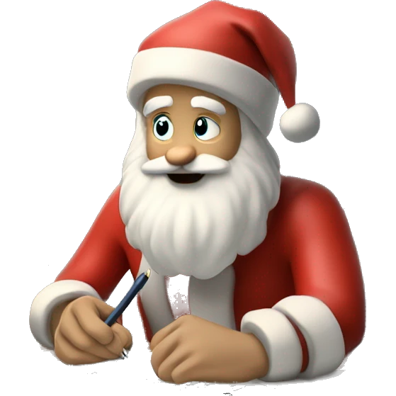 White Father Christmas is sitting on a desk, writing something down on a sheet of paper, solving complicated math puzzles, you can see the math tasks/ exercises emoji