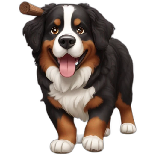 Bernese mountain dog playing with a wood stick and a brown hair womand emoji