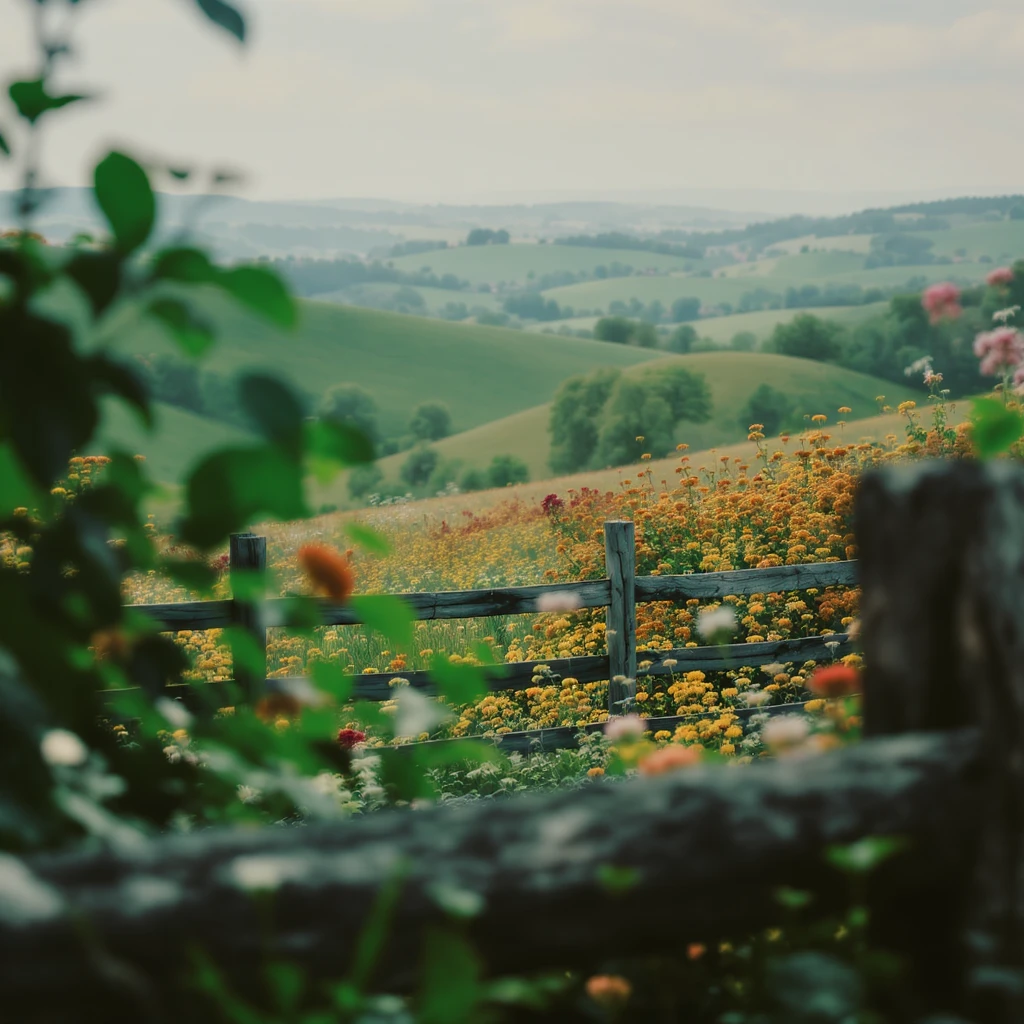 "Two shot" in the foreground, blurred plants in the foreground (frame within a frame), a wooden fence and colorfull flowers in the midground, Poland, rolling hills in the background, cinematic depth of field, layered composition, natural lighting emoji