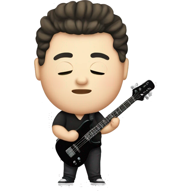 chubby chines with fair skin and man bun and black shirt and bass guitar emoji