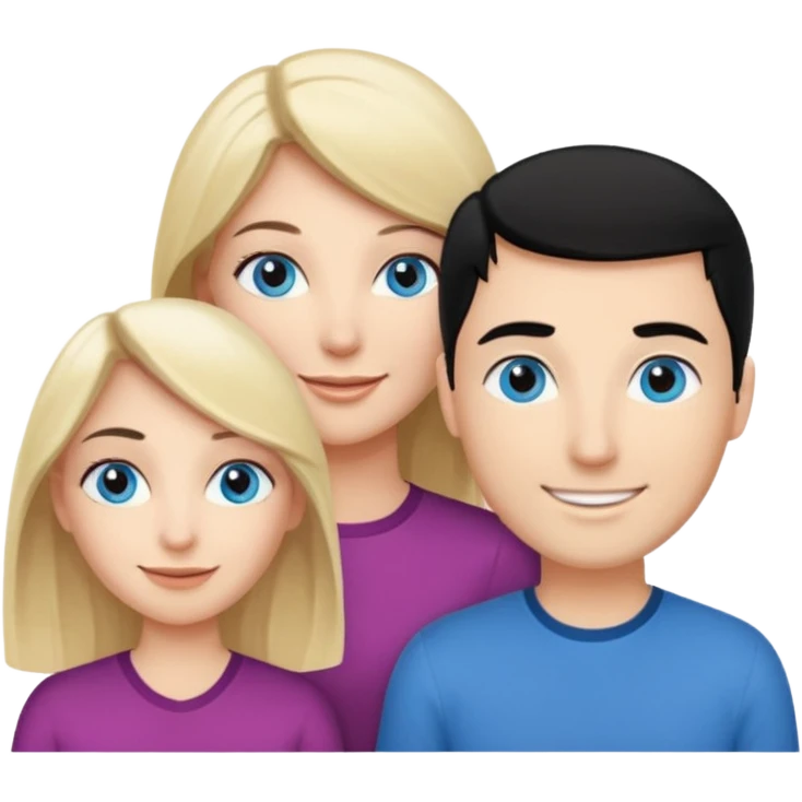 Blond woman with blue eyes on left. And a Man with black hair and grey eyecolor in the middle. And a blank woman with brown hair and grey eyes on the right. Happy together emoji
