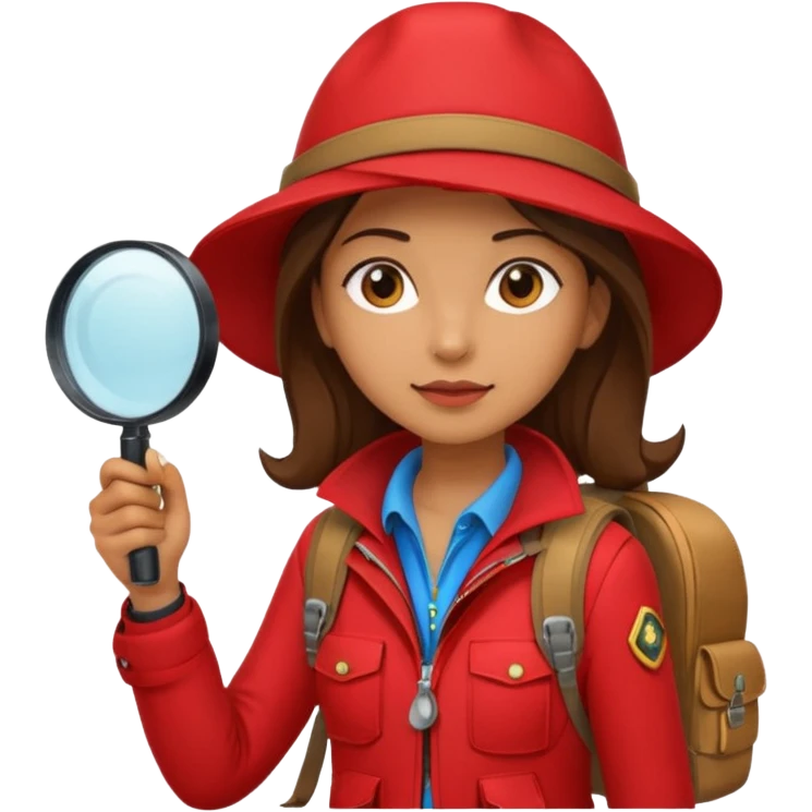 Explorer woman with red jacket backpack and magnifying glass emoji
