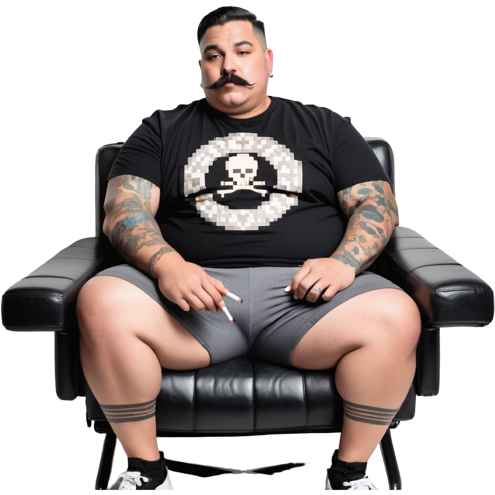 Large man reclining in chair, legs spread, smoking a cigarette, round face, very short black hair, beard and mustache, light skin, black t-shirt with light stripes at top riding up to show belly, black shorts, arms covered in black graphic tattoo patterns emoji
