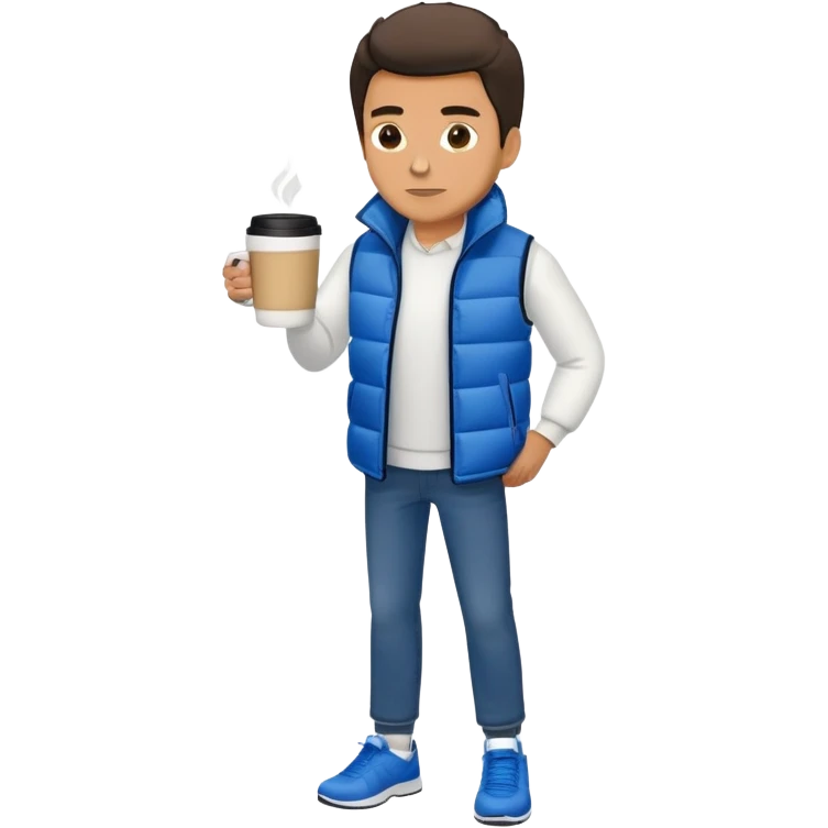 full body man with long sleeve white shirt with blue puffer winter vest with no pockets wearing straight blue jeans with no cuffs and black tennis shoes holding a coffee mug in one hand in front of him and nothing in the other hand emoji
