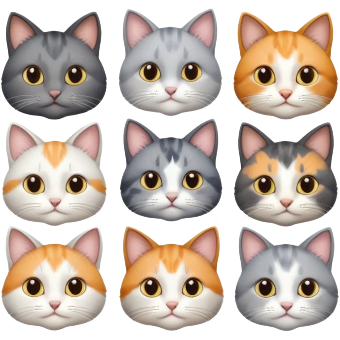 6 realistic looking cats with different natural coloured coats, assorted grey and white, greys, calico colours etc
 emoji