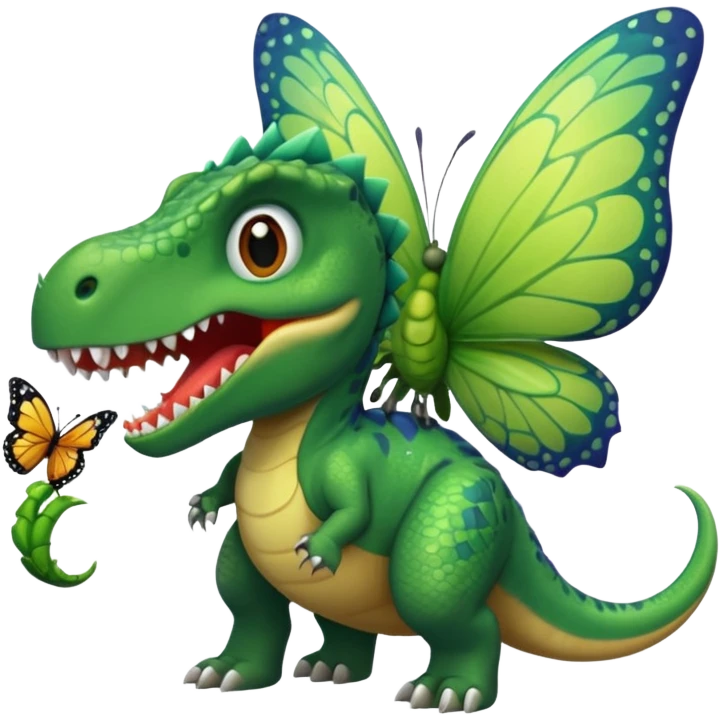 A dinosaur chewing on a huge butterfly emoji