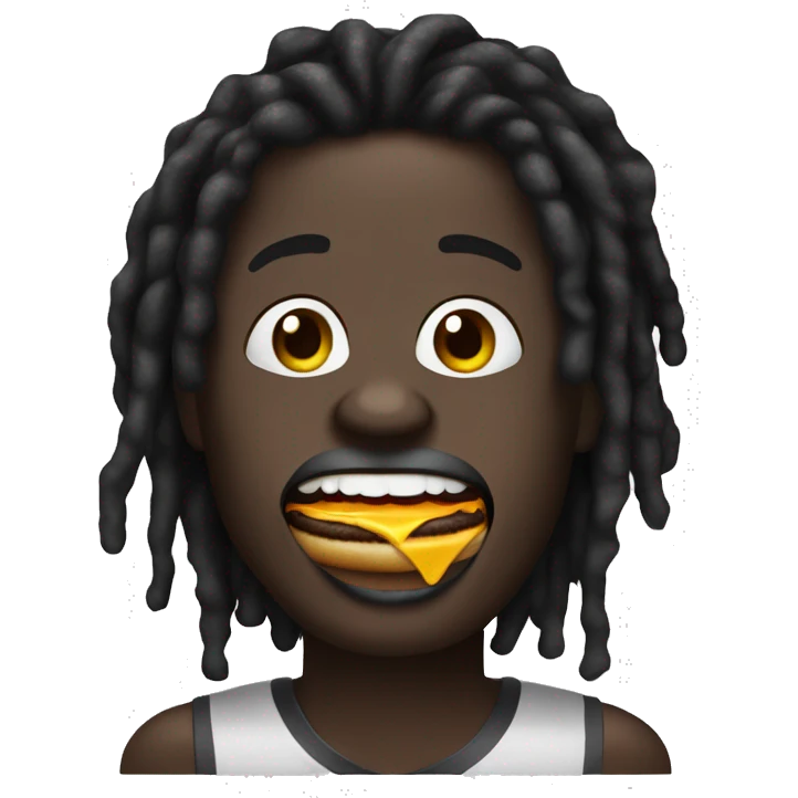 Dark skin black guy with black dreadlocks and big lips with make up on face eating a burger  emoji