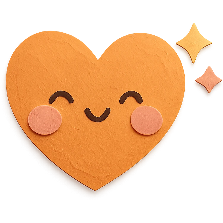 kawaii orange heart, blushing, tiny sparkles, soft pastel palette, no arms or legs, full body, paper craft style emoji