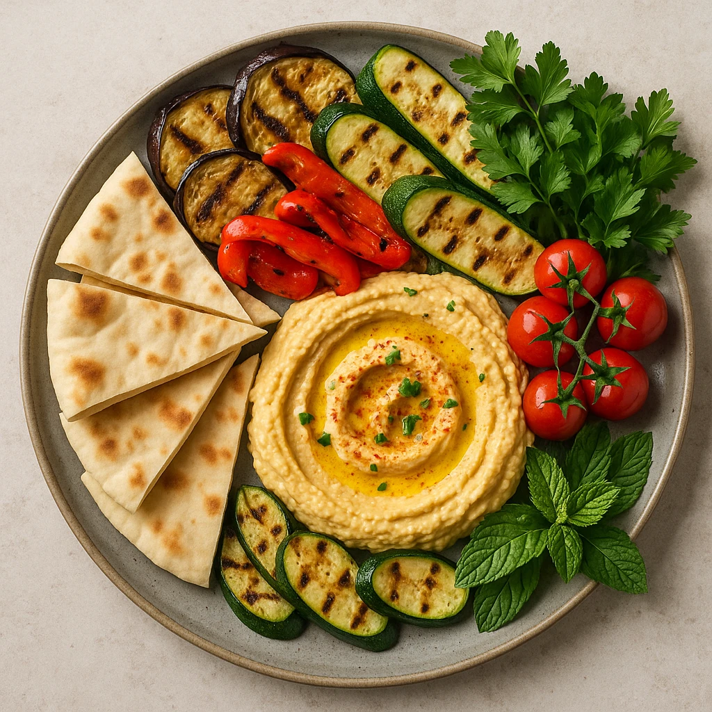 realistic Mediterranean platter with hummus, pita, grilled vegetables, and fresh herbs, top-down view emoji