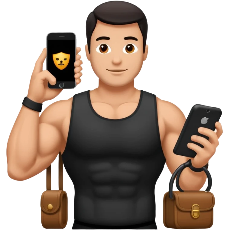 Mec musclé avec un téléphone dans les mains qui navigue sur so téléphone emoji