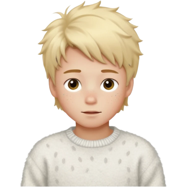 create-a-look-for-a-blond-boy-with-long-tousled-hair-light-eyes-a-white-sweat + fluffy white sweater + styled hair blonde with hair to the side cute + cute face with freckles  medium hair fluffy to the side no long hair cute hair emoji