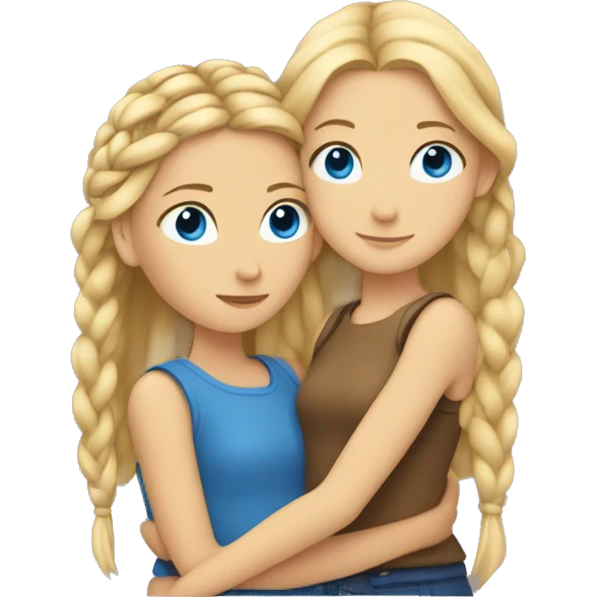 Blonde girl with blue eyes hugging a tan girl with braids emoji