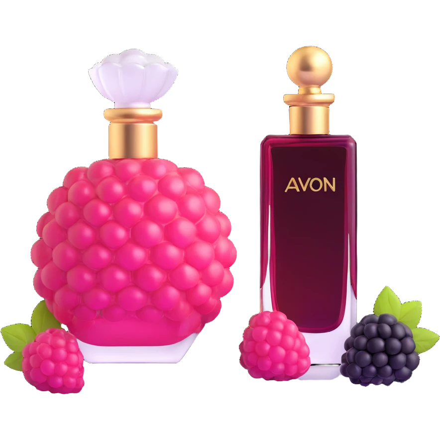 AVON women's perfume bottle next to a raspberry-shaped bottle emoji