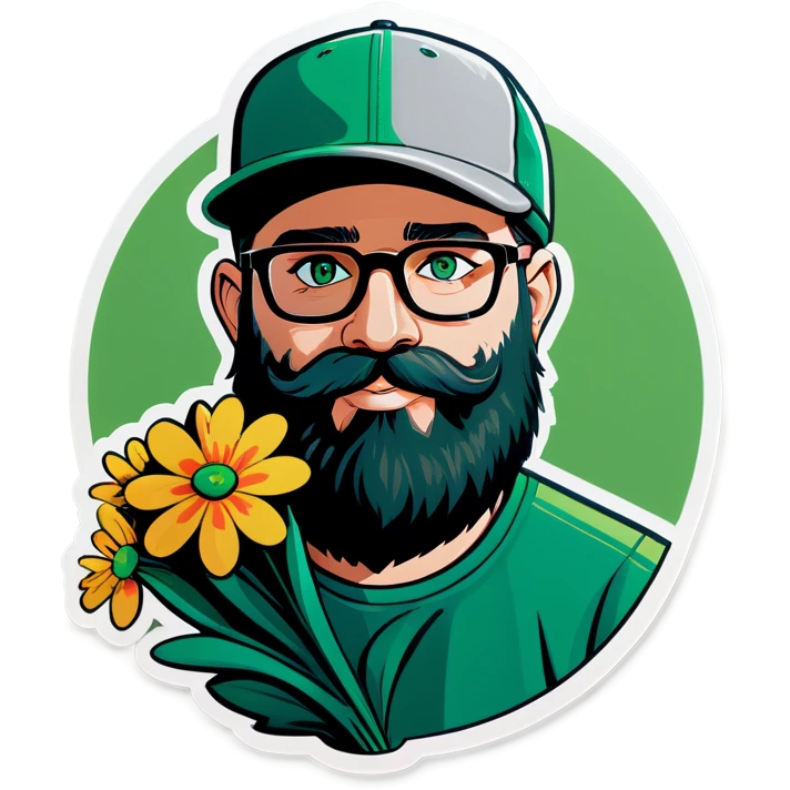 A bold man with a grey baseball cap, green eyes, big beard and glasses, holding a bouquet of flowers  emoji