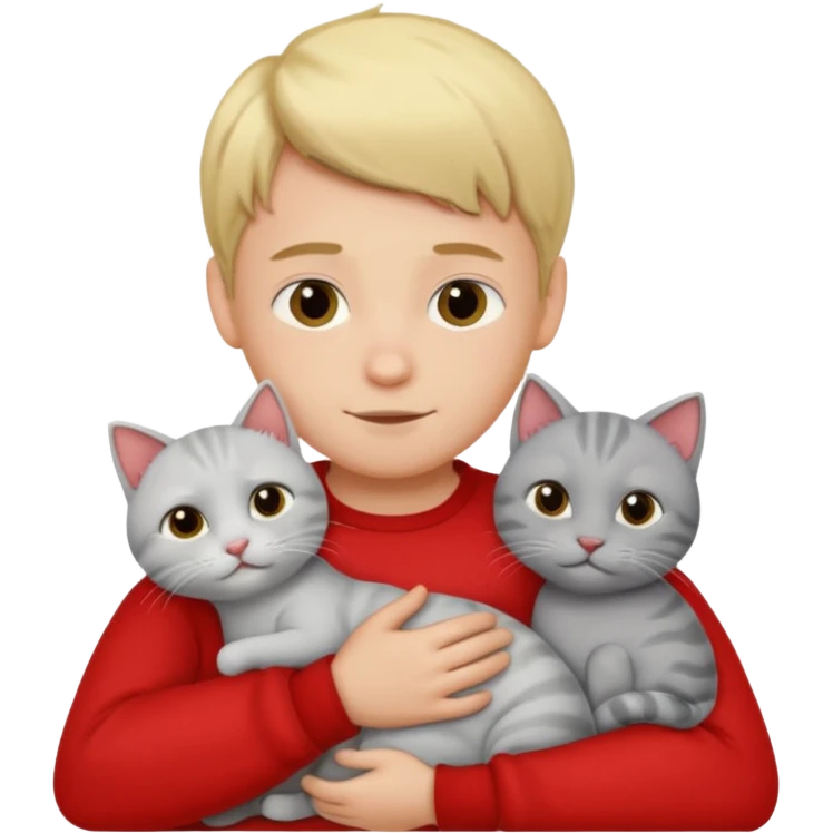 Make 20 gray cats cudling a kid that’s a boy wearing all red and he’s blond emoji