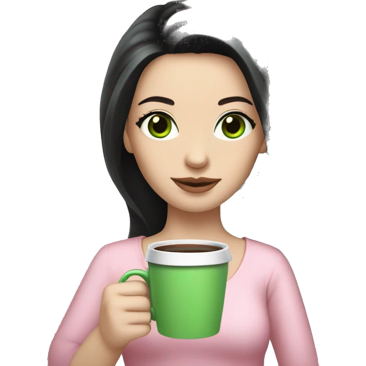 pretty woman with pale skin, very long black hair and green eyes and light pink outfit holding a pink coffee cup emoji
