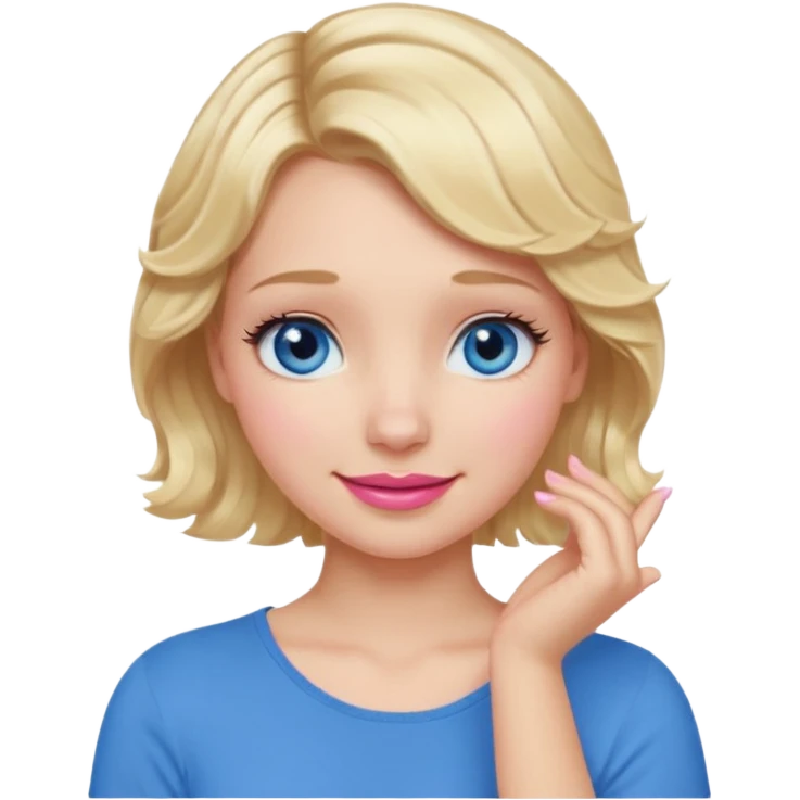 Girl Blonde short wavy hair,  blue eyes, cute blue top, long lashes, pink lips, smiling, 🤦🏻‍♀️ emoji