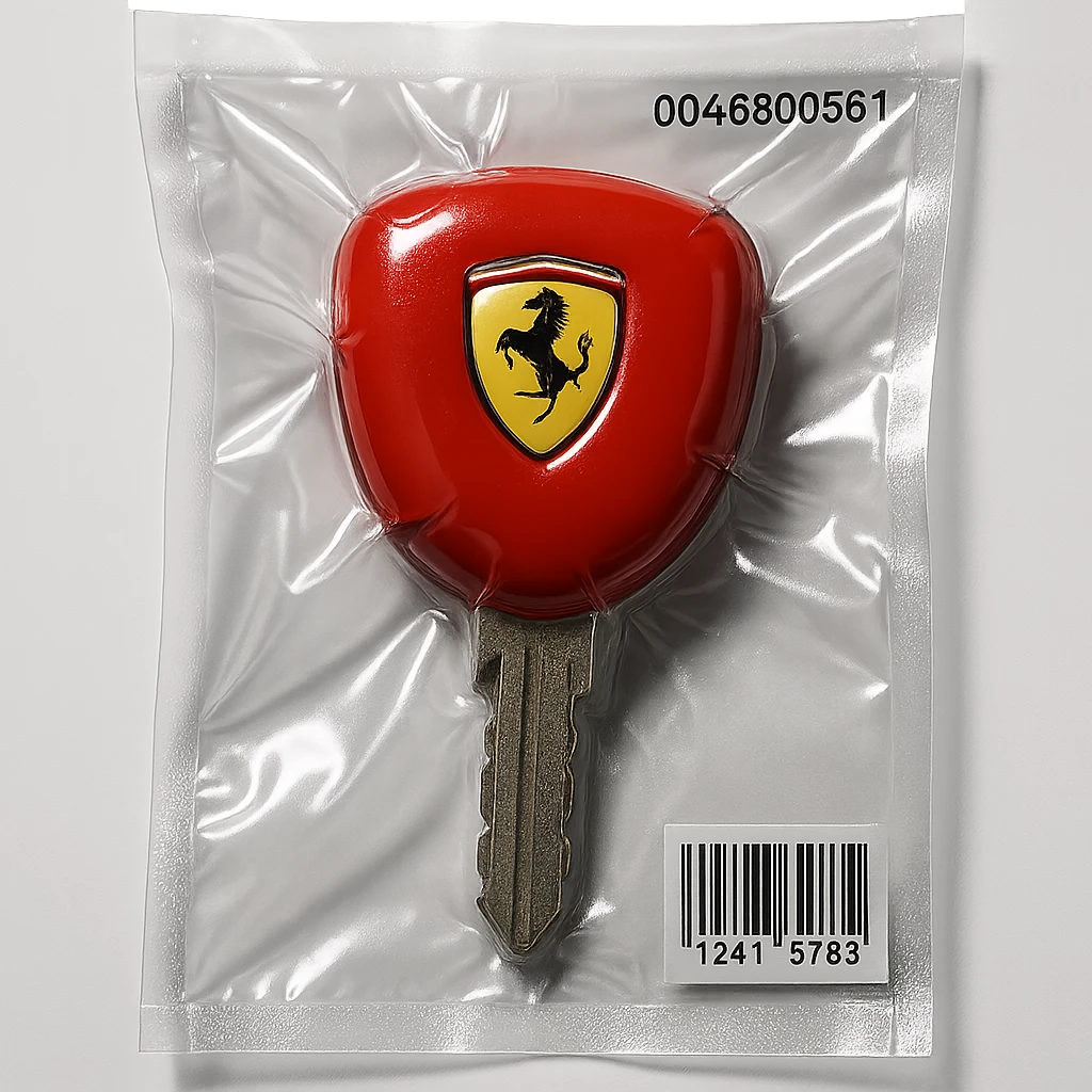 classic Ferrari car key, red with Ferrari logo, glossy and puffy emoji