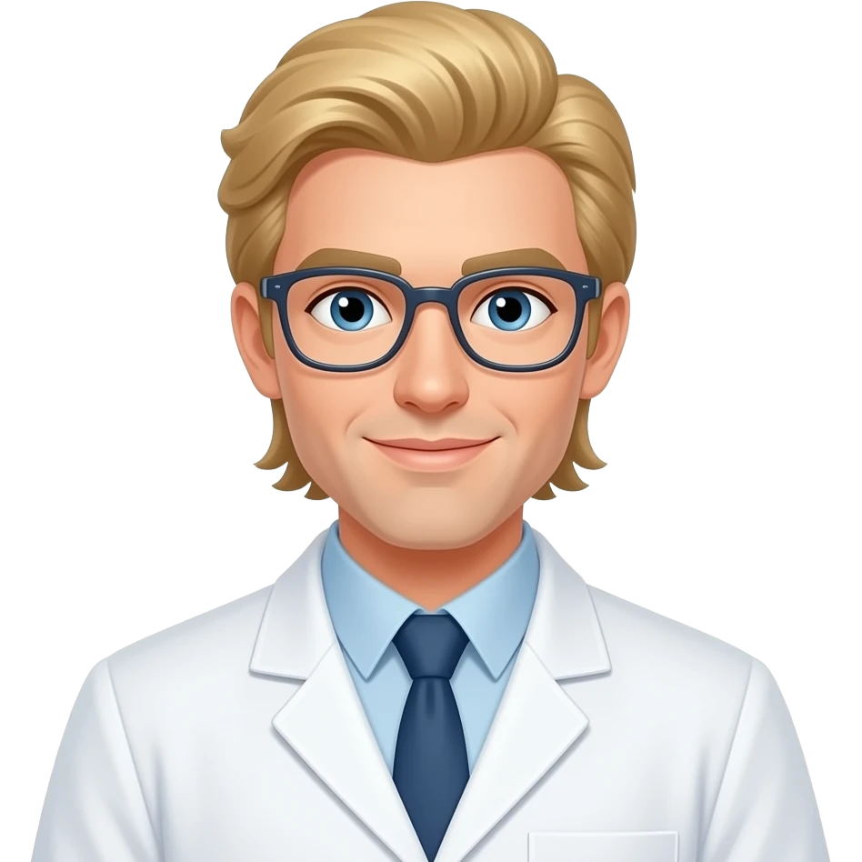male, scientist, blonde, pony tail, long hair, no facial hair emoji