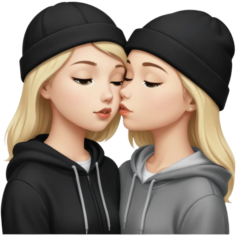 Short brunette haired white girl in a hoodie and a black beanie kissing a tall blonde haired girl  emoji