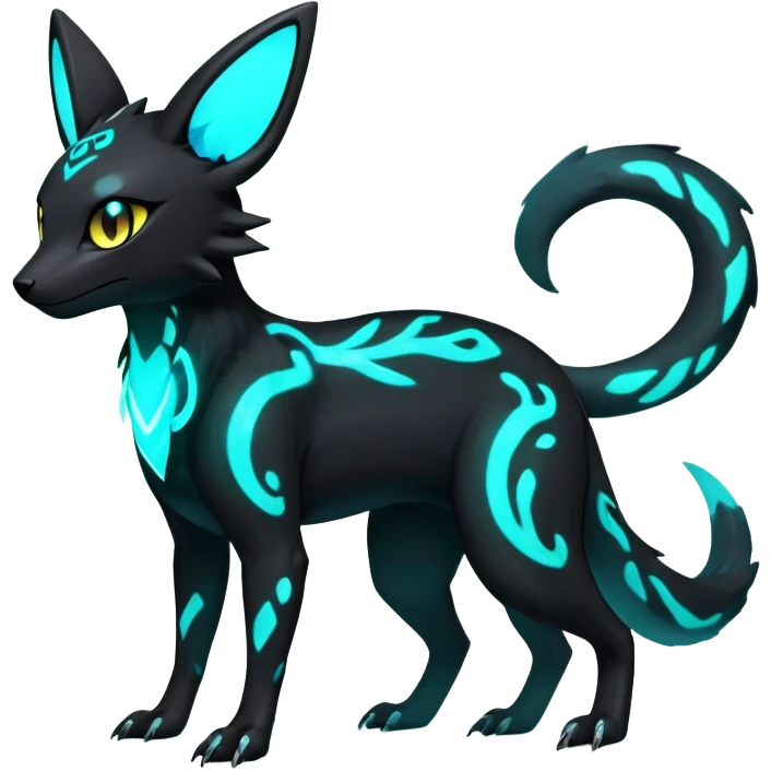 Rare realistic dark-neon glowing bioluminescent edgy badass epic pretty beautiful handsome gorgeous aesthetic colorful vibrant Vernid-Trico-Umbreon-Salandit-hybrid-species-Fakemon-creature by LiLaiRa, 4 legs, 1 tail, random markings, (full body) emoji